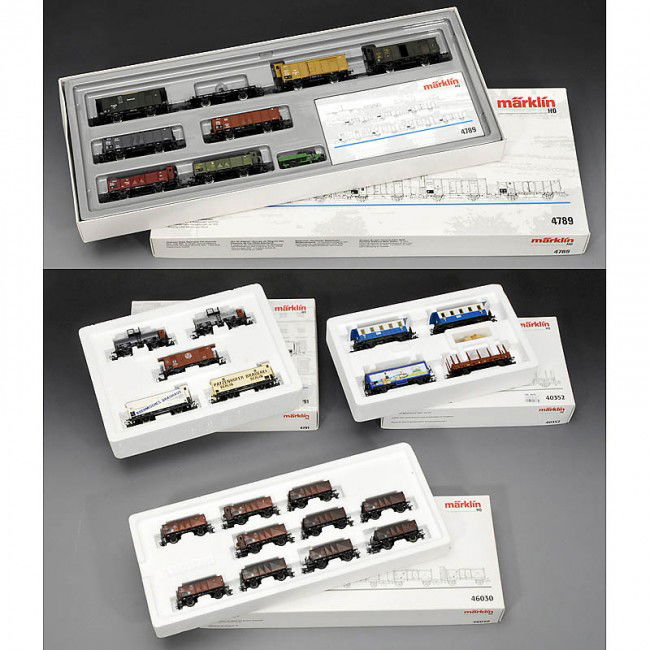 4 Train Sets "Märklin" (Gauge H0): 4 Train Sets "Märklin" (Gauge H0) 1) Bavarian mixed service train, no. 40352. - 2) Regional car set "Berlin", no. 4791. - 3) Coal train of the early 1950s, no. 46030. - And: 4) Car set "German State