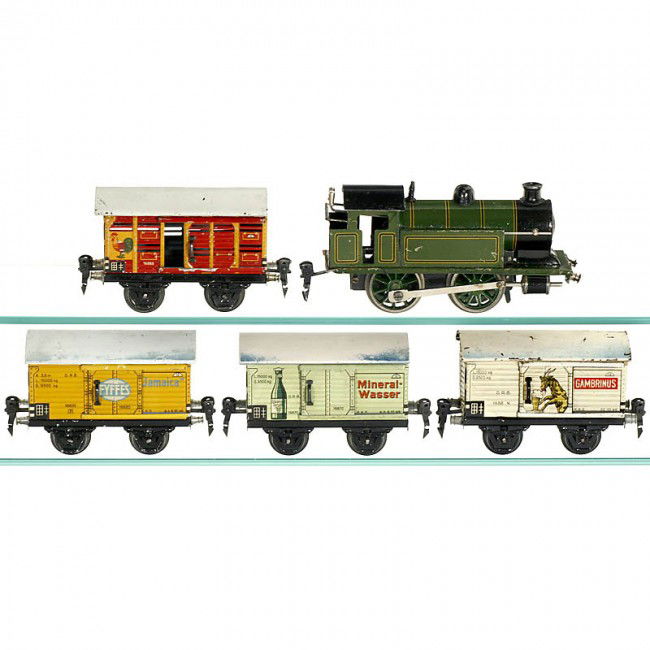 Tender Locomotive with 4 Freight Wagons "Märklin": Tender Locomotive with 4 Freight Wagons "Märklin" (Gauge 0), c. 1935 Steam locomotive for the English market no. T 1030, clockwork (working); refrigerator wagon no. 16870; animal wagon no. 16860; bee