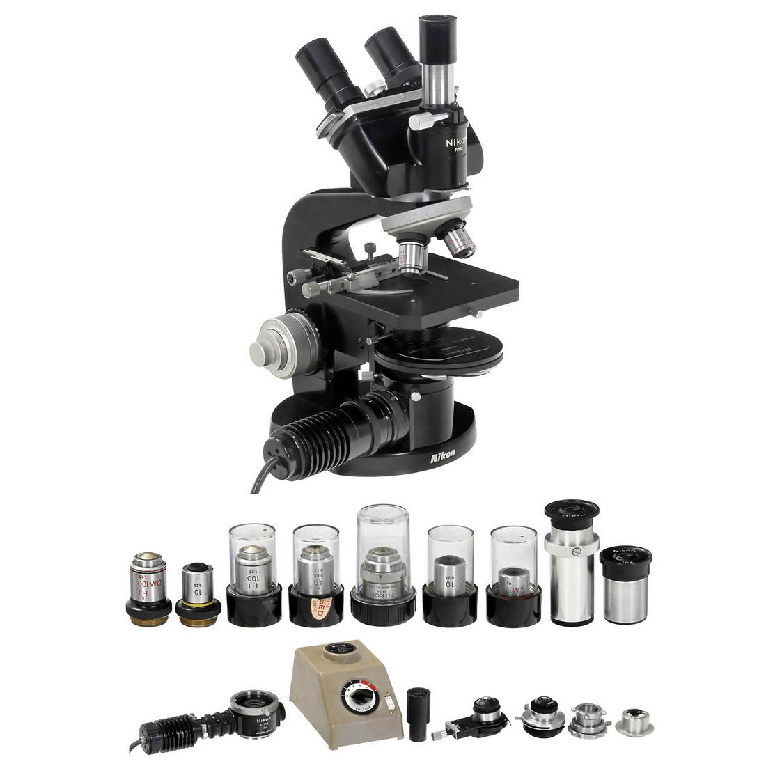 Nikon Phase Contrast Microscope and Accessories: Nikon Phase Contrast Microscope and Accessories Nikon, Japan. 1) Trinocular, no. 76591, with coarse and fine drive, binocular attachment with 3 oculars Bi-HKW10, the third with reticle, 4-fold revolvi