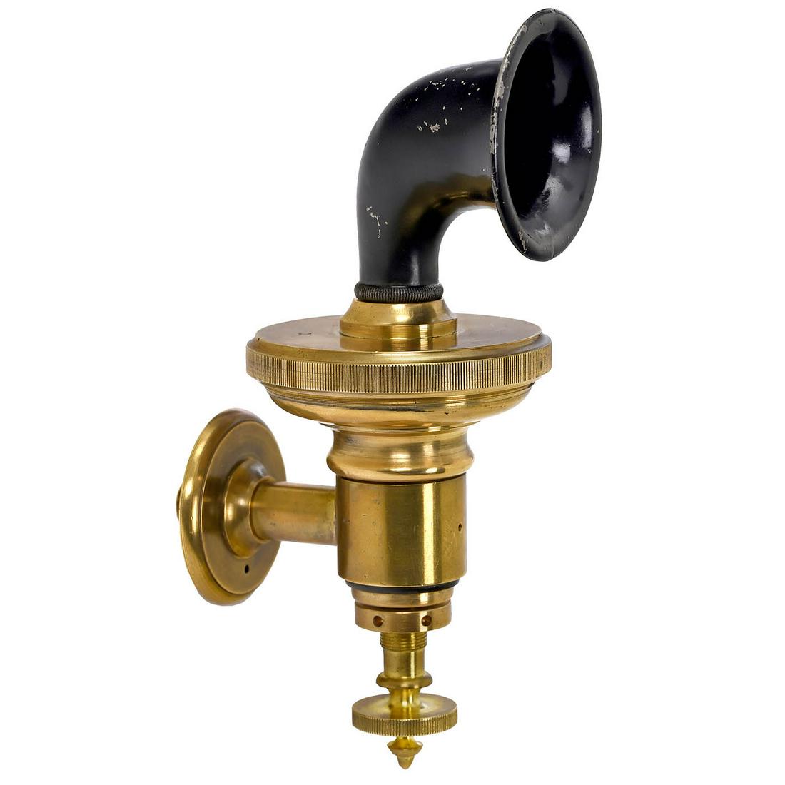 Replica of an Ericsson Helical Microphone: Replica of an Ericsson Helical Microphone Faithful copy of the rare 1880 microphone, brass, with speaking horn. Replika des Ericsson-Spiralmikrophon Exakte Kopie des seltenen Mikrophons von 1880, Mess
