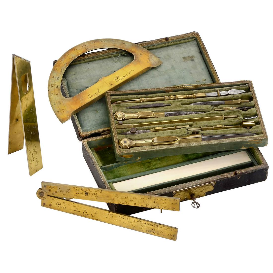 French Architectural Set of Brass Drafting Instruments, c. 1775: French Architectural Set of Brass Drafting Instruments, c. 1775 Signed on the proportional compass, scale and protractor: "V. Lennel Ã Paris", brass and steel, with drawing compasses, drawing pens,