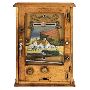 English Coin-Operated Skill Game, c. 1920: English Coin-Operated Skill Game, c. 1920 "3 Balls down the Chimney to win", mechanical, lithographed playfield, showing the cliffs of Dover and a cottage, oak case, brass fittings, some parts poorly