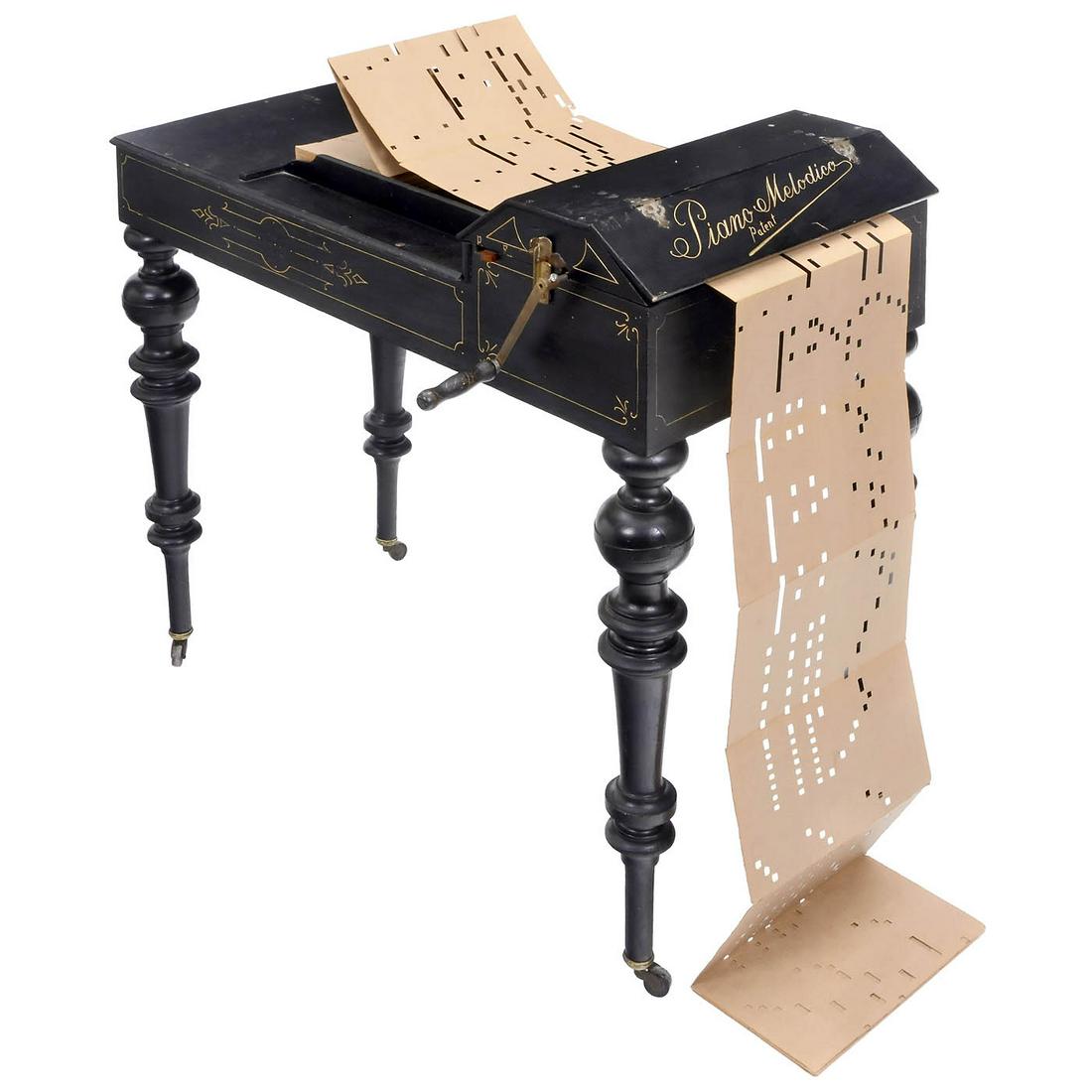 Racca Piano Melodica, c. 1895: Racca Piano Melodica, c. 1895 Invented by Giovanni Racca, Bologna, Italy, license manufacturer Wilhelm SpÃ¤the, Gera. For 30-note card books, hand-turned mechanism, black-lacquered wood case with or