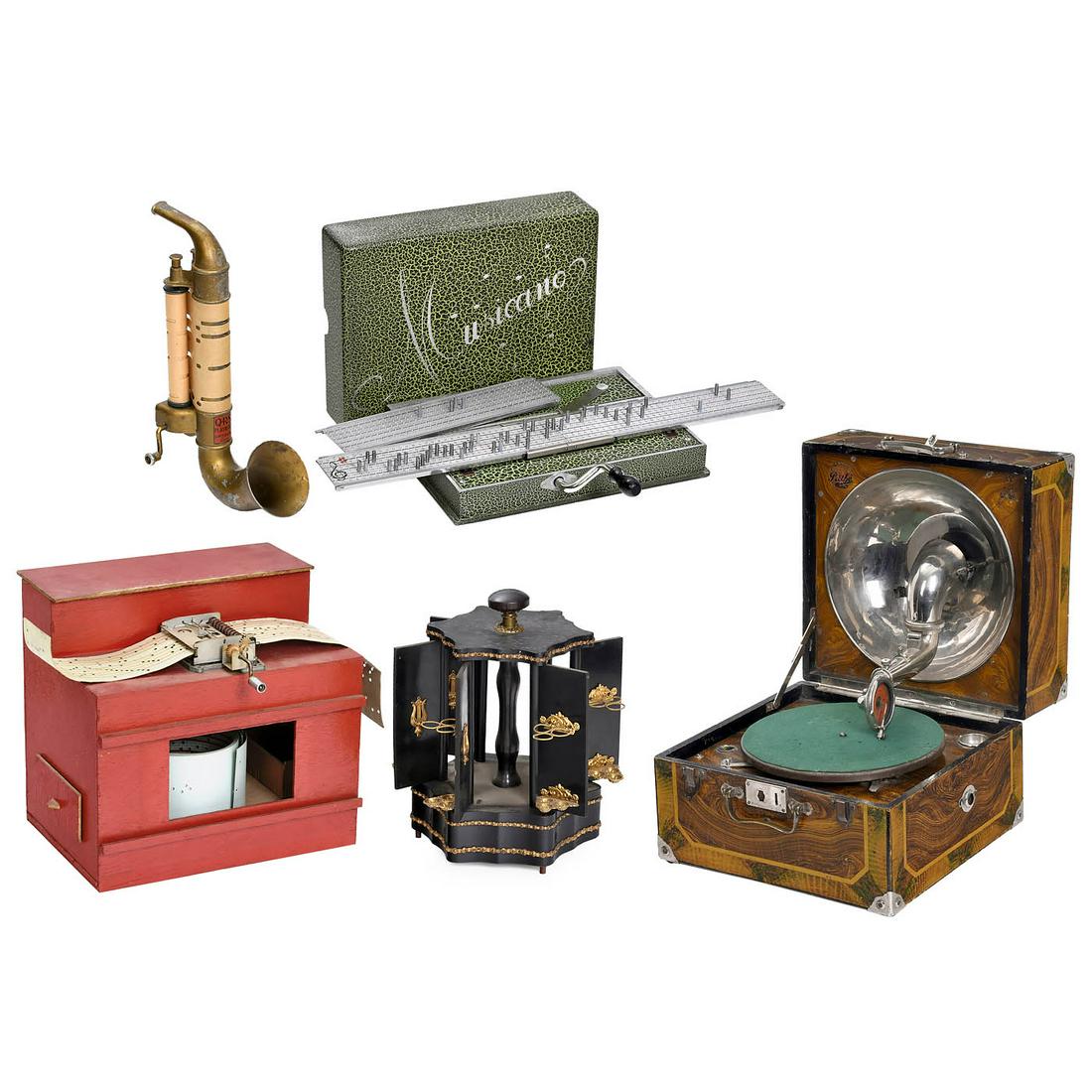 Group of Mechanical Music Instruments and a Gramophone: Group of Mechanical Music Instruments and a Gramophone 1) "Musicano", Swiss music box with 3 metal strips, 11 teeth, crank-operated, in original box. An instrument for composing your own music. - 2) "