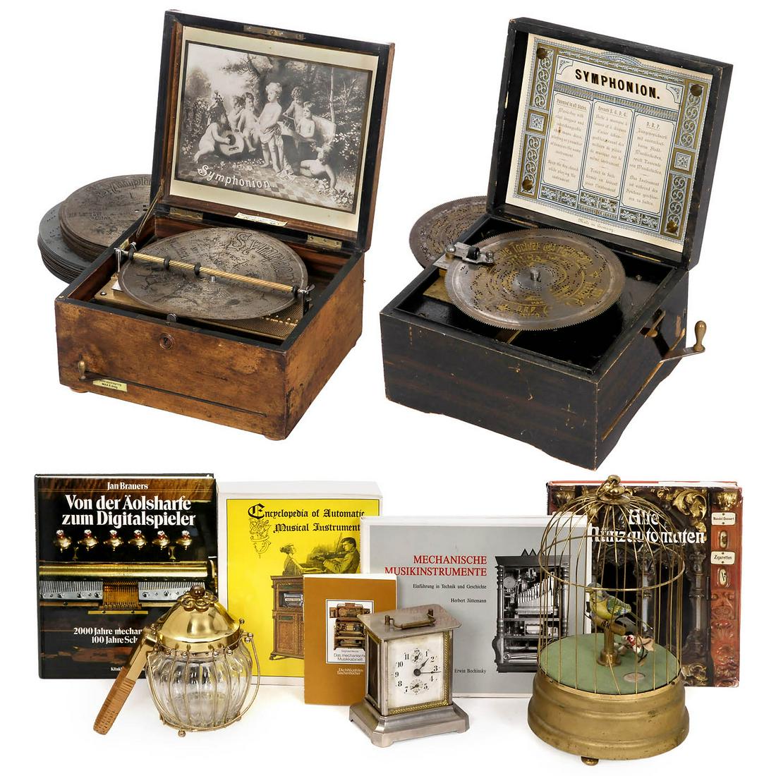 Symphonion Disc Musical Box No. 48 and Other Items, c. 1900 and later: Symphonion Disc Musical Box No. 48 and Other Items, c. 1900 and later 1) Symphonion Musikwerke, Leipzig, for 10-inch discs, 48 teeth in steel comb (complete), ratchet-wind, inlaid Symphonion lettering