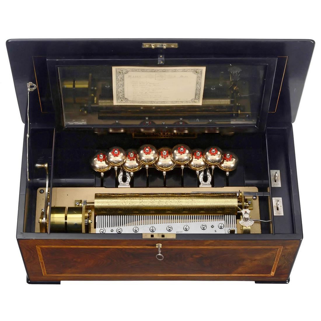 Visible Bells Musical Box by Nicole FrÃ¨res with Scottish Program, c. 1885: Visible Bells Musical Box by Nicole FrÃ¨res with Scottish Program, c. 1885 No. 51322, playing 10 traditional folk airs including "Come under my Pladie" and "Caller Herrin", Gamme No. 2529 and No. 64