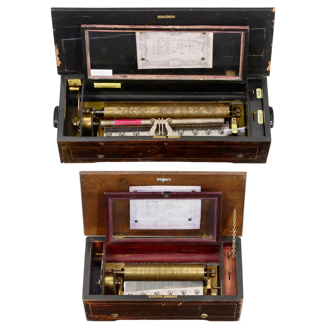 2 Musical Boxes and a Case for Restoration/Overhaul: 2 Musical Boxes and a Case for Restoration/Overhaul 1) 6-air musical box with 77 teeth in comb (missing bass and treble end tips), grained case with red interior and unmatched photocopied tune-sheet, 