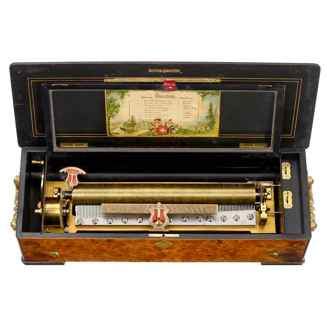 Concertino Musical Box, c. 1885: Concertino Musical Box, c. 1885 No. 13787, playing 8 popular airs, with two combs of 34 and 88 teeth (piccolo comb with one bent tooth and one missing tip, bass comb with six missing or poorly repaire
