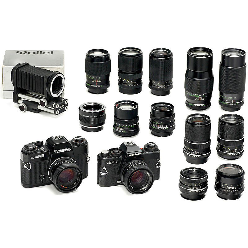 SL 35 ME, VSL 3-E and 11 Lenses: SL 35 ME, VSL 3-E and 11 Lenses 1) Rolleiflex SL 35 ME, with Planar 1,4/50 mm HFT. - 2) Voigtländer VSL 3-E, with Planar 1,8/50 mm HFT. - 3-13) Lenses: Color-Skoparex 2,8/35, 2 x Planar 1,8/50 mm, Co