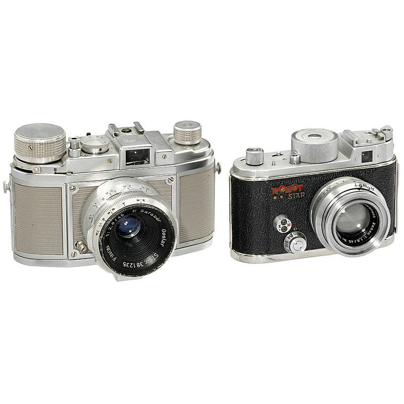 Spring-Motor Cameras Robot and Finetta: Spring-Motor Cameras Robot and Finetta 1) Berning, Düsseldorf. Robot Star, no. D 123830, with Xenon 1,9/40 mm. (2/2) - And: 2) Finetta-Werk, Goslar. Finetta 99, no. 069628, focal plane shutter stuck,