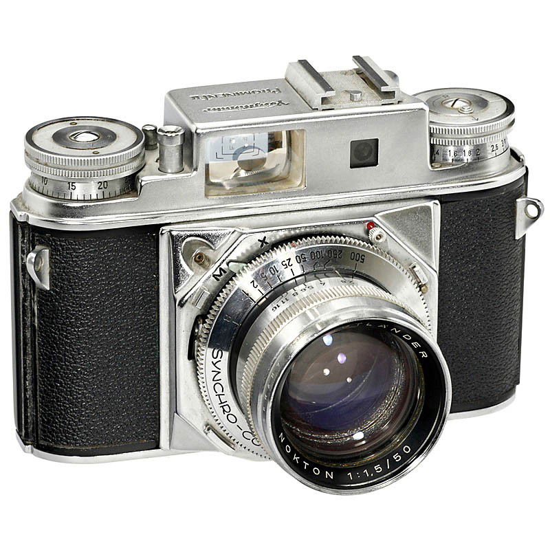 Prominent II, 1959: Prominent II, 1959 Voigtländer, Braunschweig. No. B 72021, Nokton 1,5/50, Synchro-Compur, stuck. Prominent II, 1959 Voigtländer, Braunschweig. Nr. B 72021, Nokton 1,5/50, Synchro-Compur, hängt.