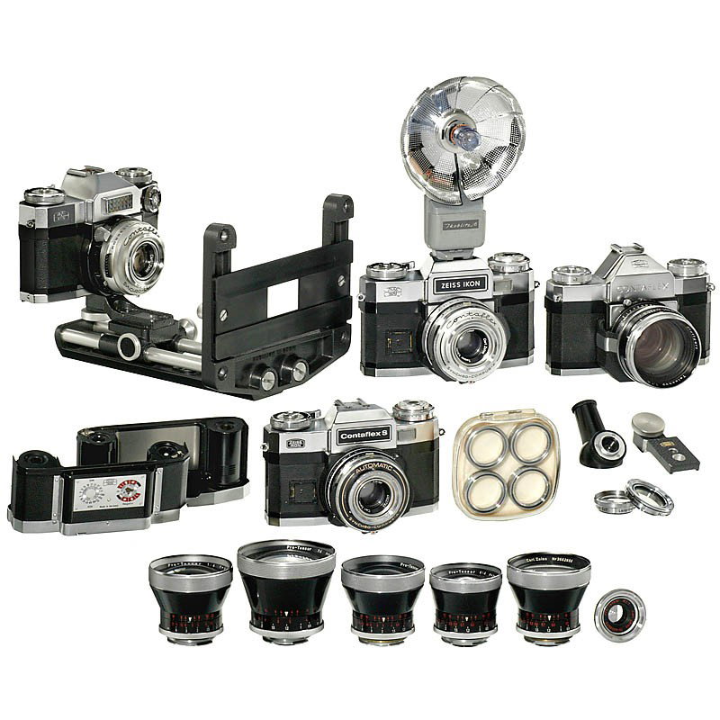 4 Contaflex, Lenses and Accessories : 4 Contaflex, Lenses and Accessories Zeiss Ikon, Stuttgart. 1) Contaflex S, 1968, no. R 91746, Tessar 2,8/50 mm. - 2) Contaflex super BC, 1965, no. K 71551, Tessar 2,8/50 mm. - 3) Contaflex super, 1959