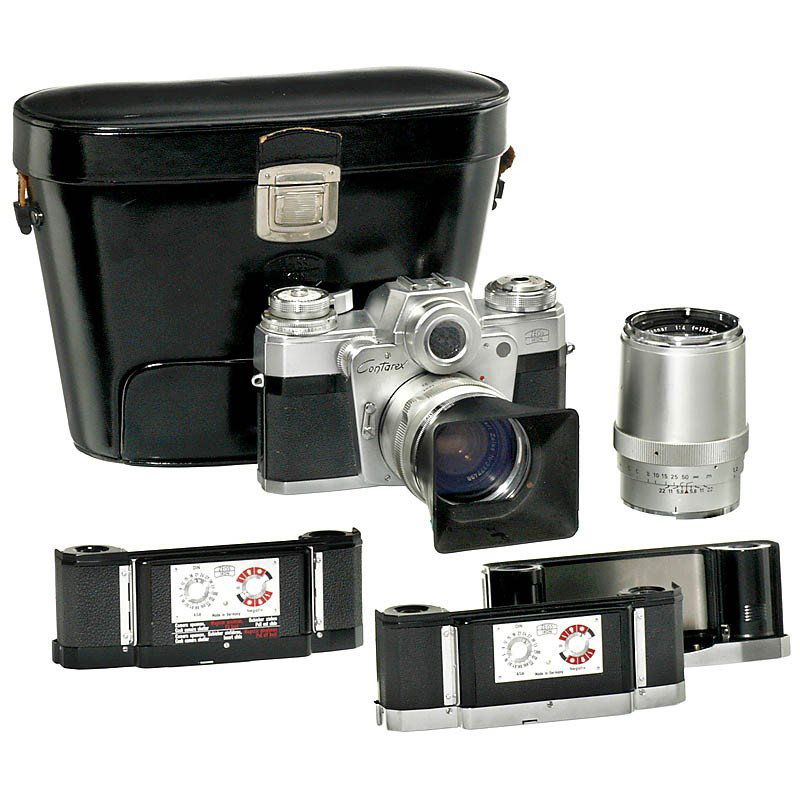 Contarex Outfit, 1959: Contarex Outfit, 1959 Zeiss Ikon, Stuttgart. 1) Contarex, no. T 90048, "Bullseye" with Planar 2/50 mm, B56 UV filter, B56 lens hood, case, instructions and prospectus. - 2) Sonnar 4/135 mm. - 3) 3 int
