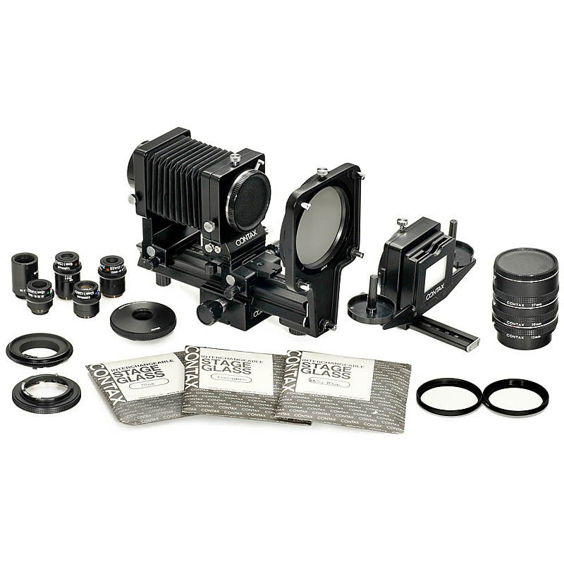 Contax RTS Macro Accessories and Luminar Lenses: Contax RTS Macro Accessories and Luminar Lenses Kyocera, Japan. 1) Auto Extension Bellows, Focusing Rail, Macro Stand, 3 x Interchangeable Stage Glass, Slide Copier, 52mm and 55mm filter adapters, wit