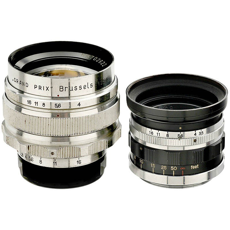 2 Lenses for Screw-Mount Leica: 2 Lenses for Screw-Mount Leica 1) Soligor, Japan. 3,5/35 mm, feet scale, rangefinder coupled. (3/2) - And: 2) ZOMZ, USSR. MIR-1 2,8/37 mm, meter scale. With special engraving "Grand Prix" Brussels 195