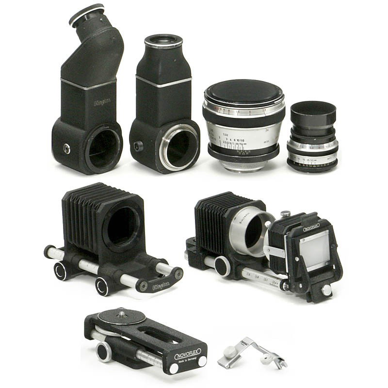 Kilfitt and Novoflex for Screw-Mount Leica: Kilfitt and Novoflex for Screw-Mount Leica 1) Heinz Kilfitt, Munich and Liechtenstein. Makro-Kilar 2,8/90 mm, with filter holder. - 2) Kilar 3,5/90 mm, with lens hood. - 3) Reflex housing, with vertic