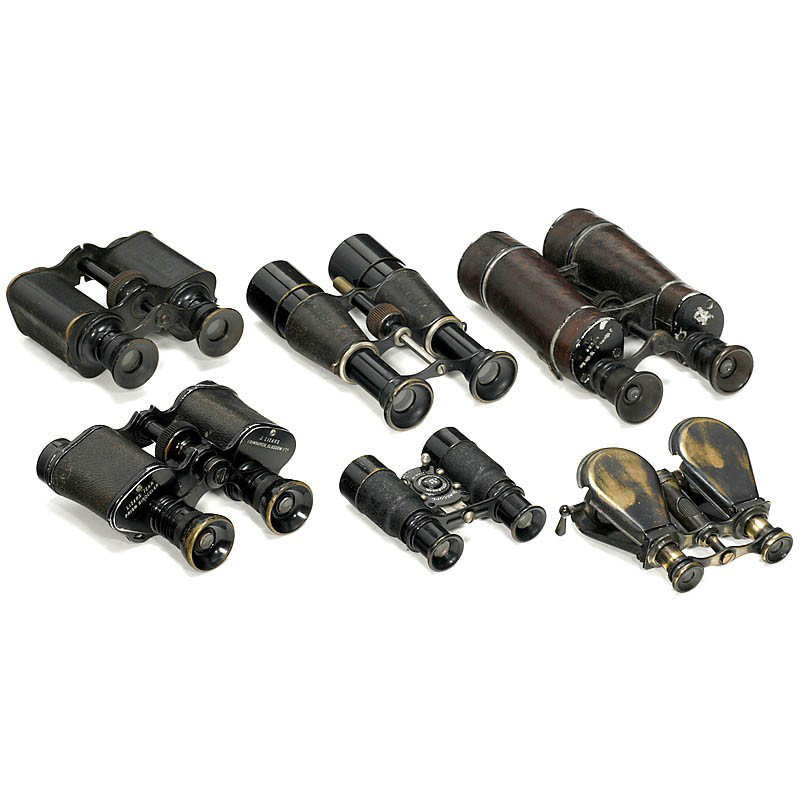 6 Pairs of Binoculars: 6 Pairs of Binoculars 1) Small folding brass-made glasses, unmarked. - 2) Lizars/Edinburgh, model "Izar", with bag. - 3) Wollensak/Rochester, Prisma Binocle, with bag. - And: 5-6) 2 unmarked glasses. 