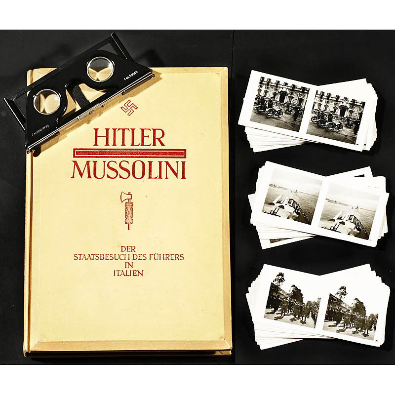 Raumbild-Album "Hitler/Mussolini", 1938: Raumbild-Album "Hitler/Mussolini", 1938 Raumbild-Verlag Otto Schönstein, Diessen/Ammersee, with 100 pictures (thereof 3 copies), pictures by Heinrich Hoffmann, 48 pages, with stereo viewer. Raumbild-