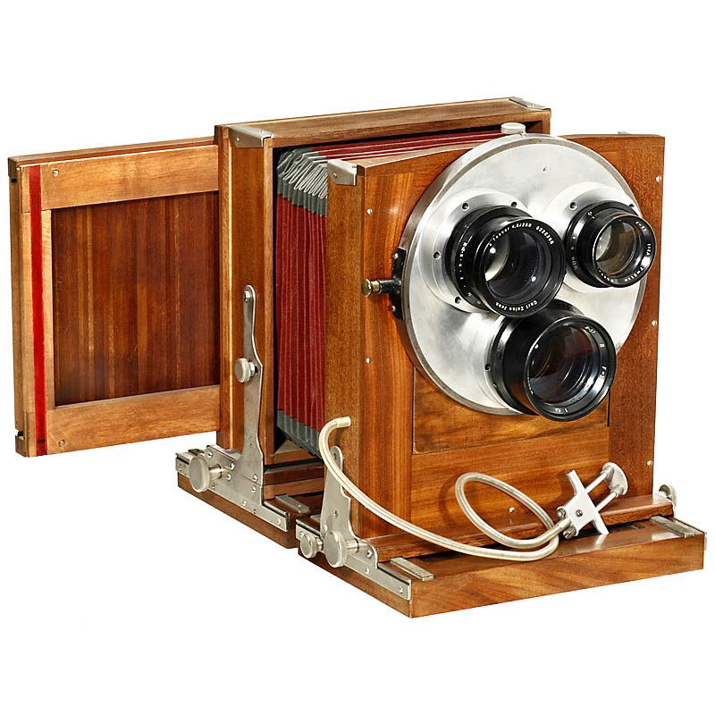Studio Camera with Triple-Lens Turret, c. 1950: Studio Camera with Triple-Lens Turret, c. 1950 Presumably USSR. Size 13 x 18 cm, tropical wood with nickel fittings, dark red bellows with green corners, back for plates and screen. Triple-lens turret