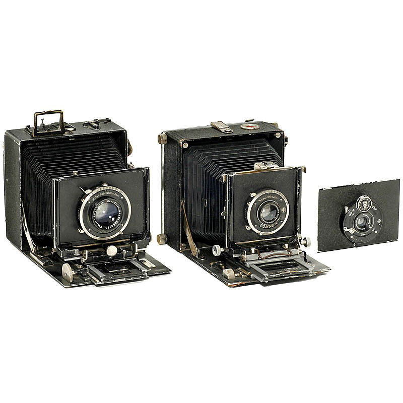 2 Early Linhof Cameras: 2 Early Linhof Cameras Linhof, Munich. 1) Horizontal 9 x 12 cm, c. 1935, folding-bed camera, ground glass back, Tessar 4,5/13,5 cm, Compur, shutter stuck. - 2) Technika 9 x 12 cm, c. 1938, no. 15291,