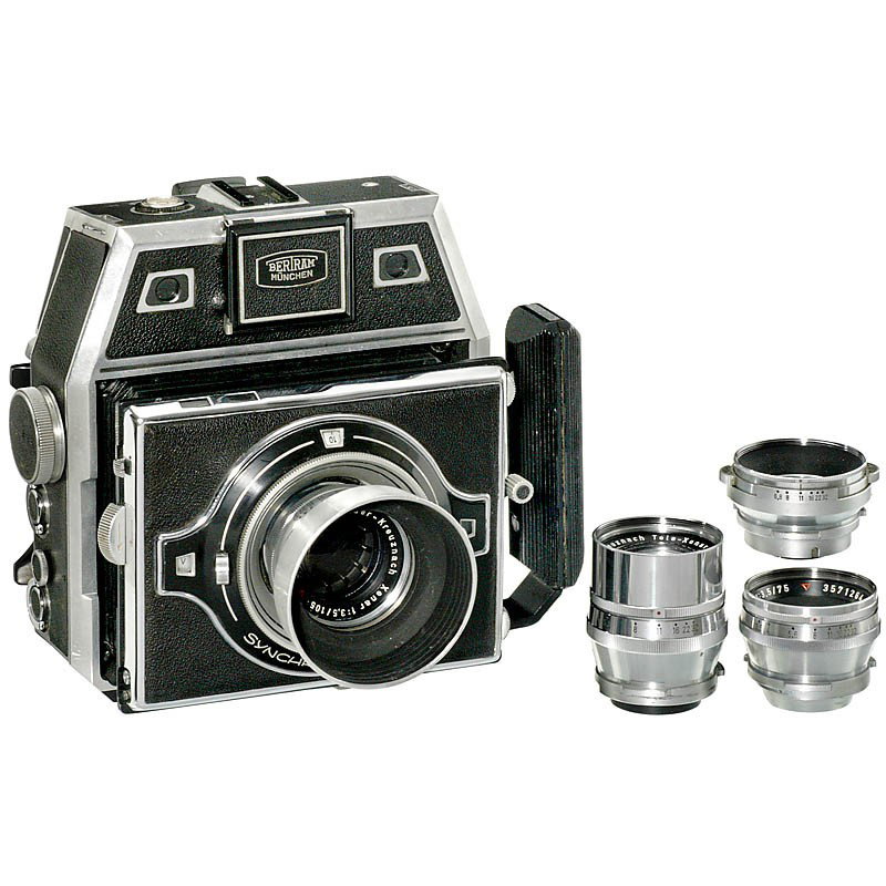 Bertram BCI Outfit, 1953: Bertram BCI Outfit, 1953 E. & W. Bertram, Munich. Precision press-type camera for 6 x 9 cm, no. 1024, 4 Schneider lenses: Angulon 6,8/65 mm, Xenar 3,5/75 mm, Xenar 3,5/105 mm and Tele-Xenar 5,5/180 mm
