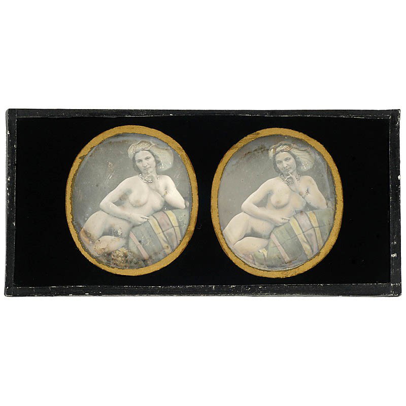 Stereo-Nude Daguerreotype, c. 1848: Stereo-Nude Daguerreotype, c. 1848 Completely hand-colored, female nude, leaning on chaiselongue, hat and necklace with gold color! French made. Size 8 x 17 cm (3 1/6 x 6 3/4 in.), excellent condition