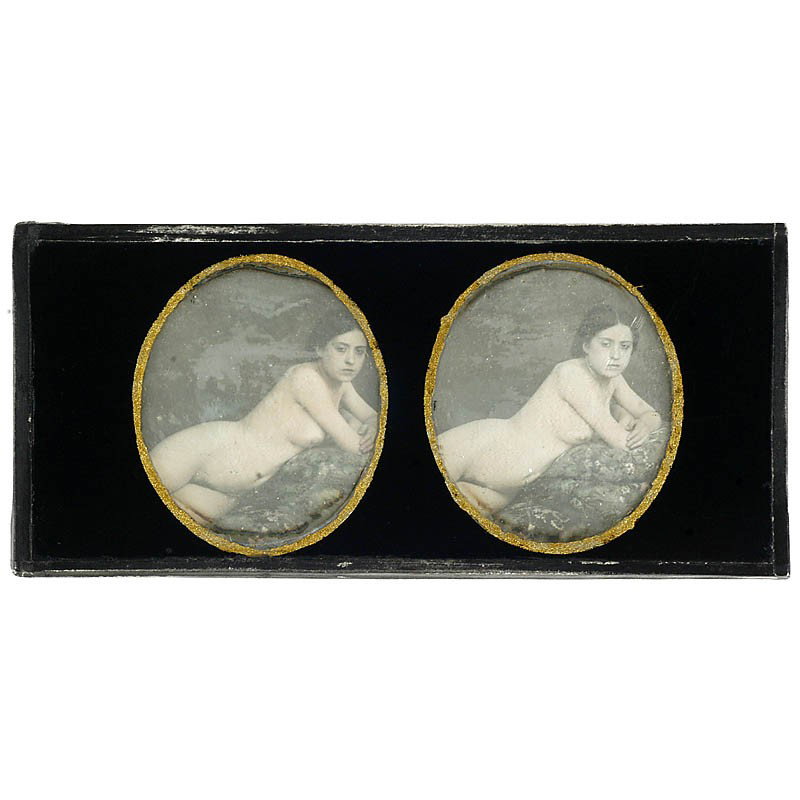 Stereo Nude Daguerreotype, c. 1845: Stereo Nude Daguerreotype, c. 1845 Female nude, French made, professional studio photo, lady leaning on chaiselongue pillow. Size 8 x 17 cm(3 1/6 x 6 3/4 in.), mint condition, hand-colored. - Very rar