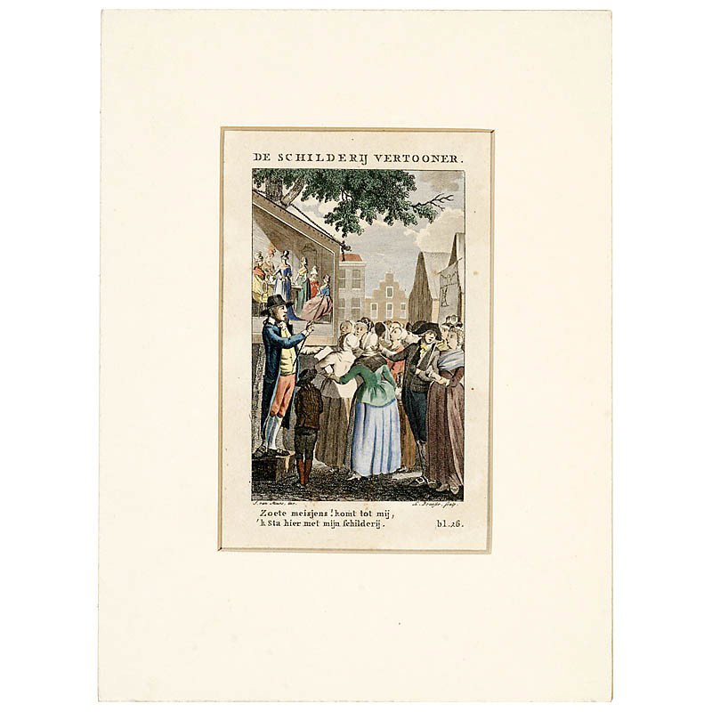 Dutch Peepshow Copperplate, c. 1790: Dutch Peepshow Copperplate, c. 1790 Hand-colored fairground motif by J. van Meurs, engraved by L. Brasser. Size: 4 2/3 x 7 in. Passe-partout:6 2/3 x 9 in. - Very decorative! Peep-Show-Kupferstich, um 