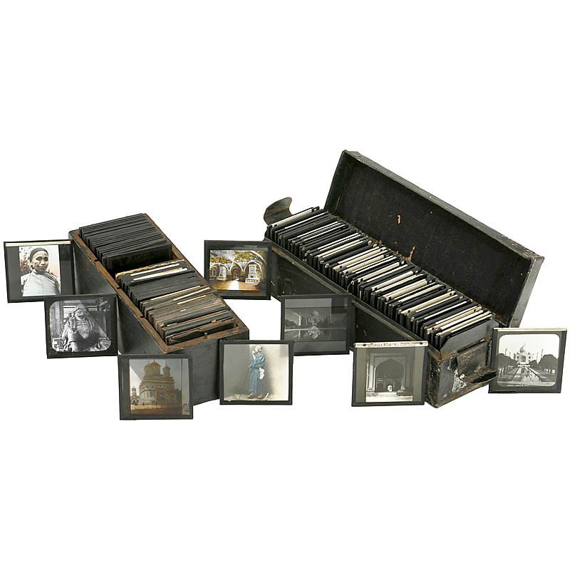 Large Lot 3 1/4 x 3 1/4 in. Slides: Large Lot 3 1/4 x 3 1/4 in. Slides 2 boxes with approx. 110 slides, motifs: Orient (Agra) and Asia. Großes Lot Glasdias 1) Blechkasten mit 50 Schwarz-Weiß-Dias, Motive des Orients (Agra). - Und: 2) 