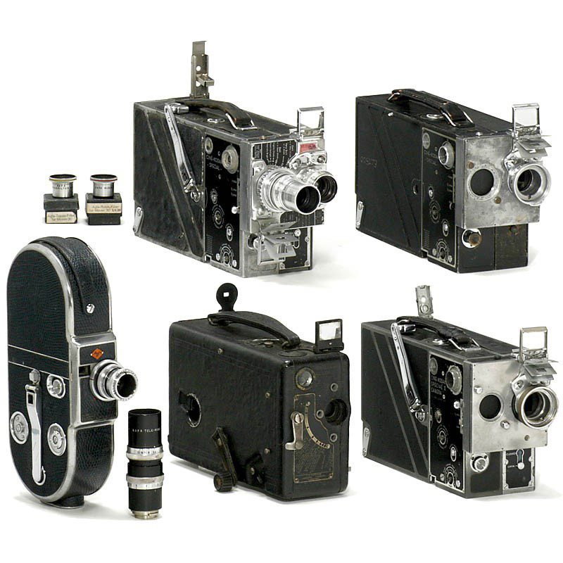 Movex 30 L and more Movie Cameras, c. 1931: Movex 30 L and more Movie Cameras, c. 1931 1) Movex 30 L, by Agfa, Berlin. Clockwork with 2 lenses (Symetar 1:1,5/20 mm and Tele-Kine Anastigmat 1:3,5/80 mm), leather bag (3+-2/3-). - 2) 3 x Cine-Koda