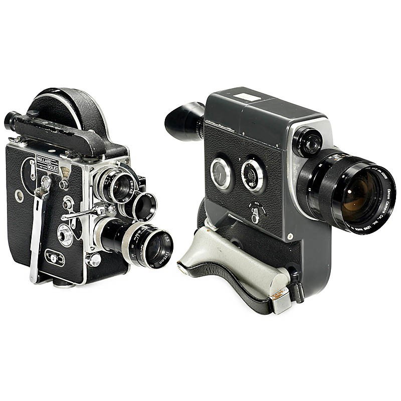 2 16mm Movie Cameras: 2 16mm Movie Cameras 1) "Canon Scoopic-16", c. 1970, reflex viewfinder, Canon Zoom 1:1,6/13-76 mm lens, with charger and box, electric functions untested. - And: 2) "Bolex H16", c. 1958, clockwork dri