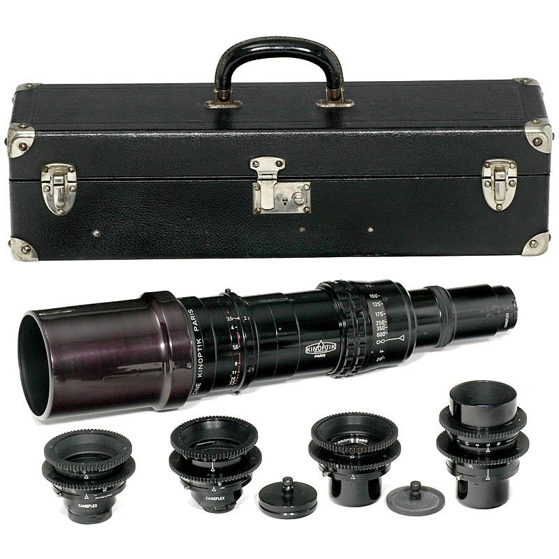 5 Lenses for Cameflex 35, c. 1955: 5 Lenses for Cameflex 35, c. 1955 Kinoptik, Paris. 5 lenses for the French reflex camera Cameflex B 16/35 with rotating head. 1-5) Kinoptik, Paris 1:2/18 mm, 1:2/25 mm, 1:2/35 mm, 1:2/50 mm and tele l