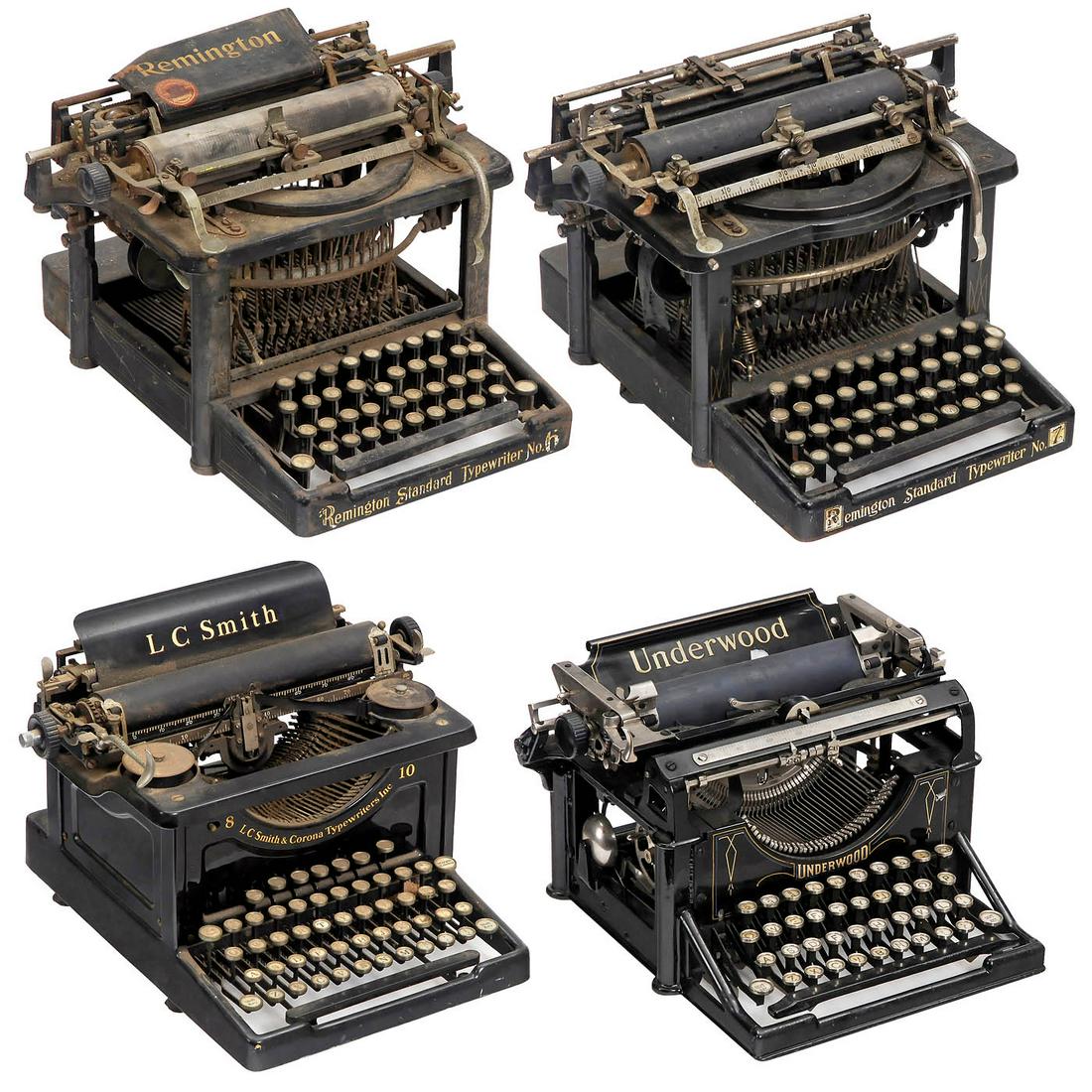 4 American Typewriters: 4 American Typewriters 1) "Remington Standard No. 7", c. 1900, serial no. 82225, upstroke machine, in need of cleaning, carriage movement defective, missing paper table. (3/4) - 2) "Underwood Standard