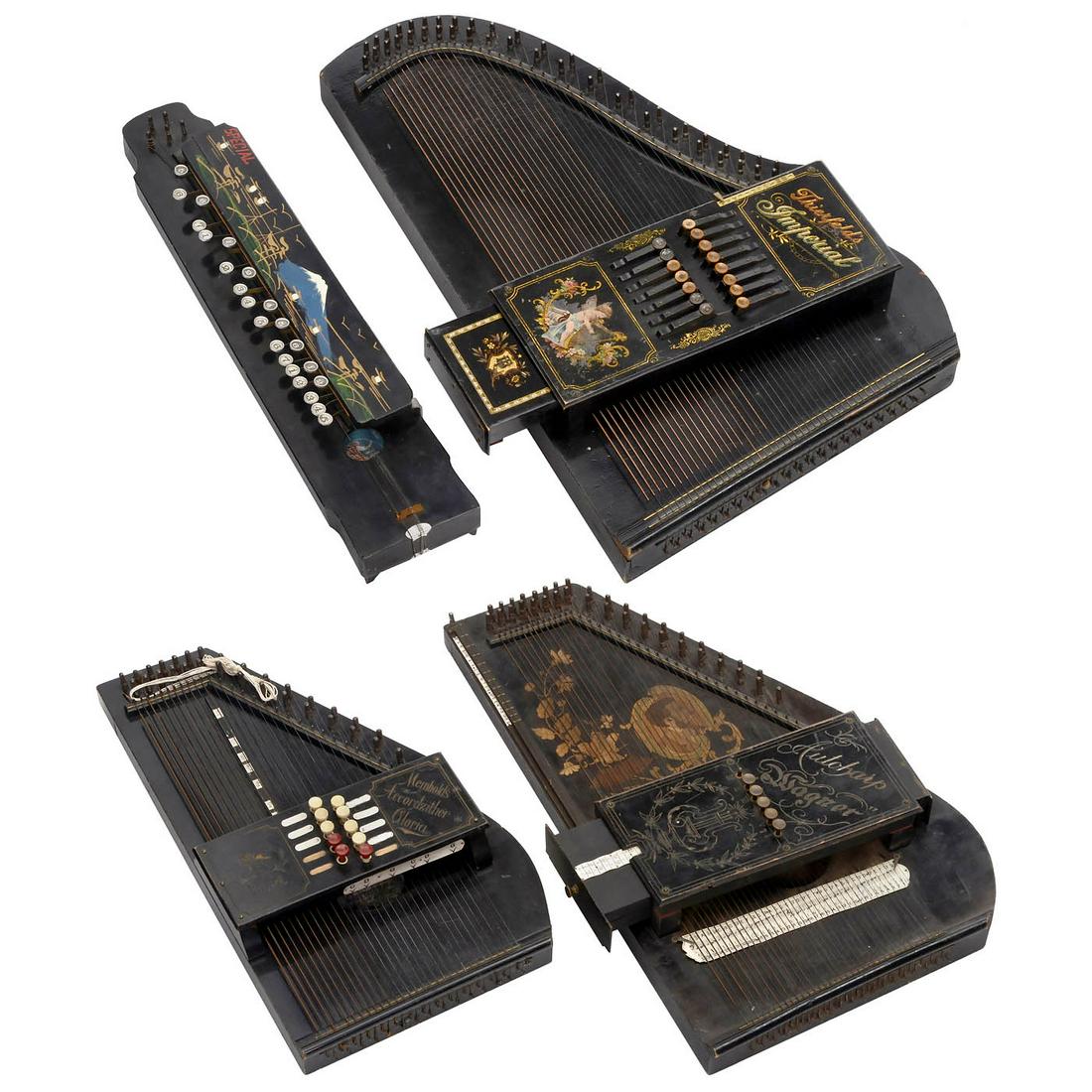 4 Zithers: 4 Zithers 1) Thierfeld's "Imperial" autoharp. - 2) Wagner Autoharp, marked "Made in Germany". - 3) Acoustic Taishogoto, Japanese harp. - And: 4) Meinhold's "Gloria" Accord Zither. - In addition: 24 pa