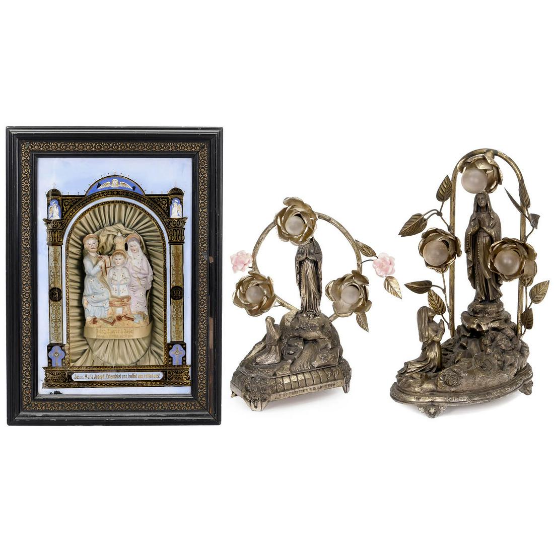 Devotional Musical Picture Depicting the Holy Family, c. 1895: Devotional Musical Picture Depicting the Holy Family, c. 1895 Germany, with bisque figural group of Jesus with his parents and their attributes (Mary spinning wool, Joseph with carpenter’s tools