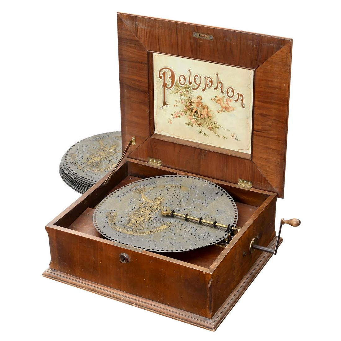 Polyphon No. 43B Disc Musical Box, c. 1900: Polyphon No. 43B Disc Musical Box, c. 1900 Polyphon Musikwerke, Leipzig. For 15 ¾ in. discs, 77 teeth in comb (complete), walnut case with original lithograph inside, minor wormholes, dampers and