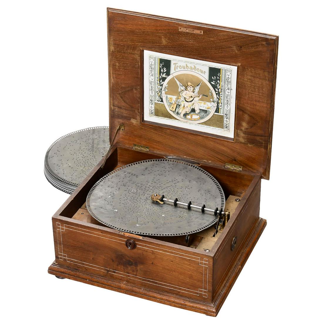 Troubadour Disc Musical Box, c. 1900: Troubadour Disc Musical Box, c. 1900 Troubadour Musikwerke B. Grosz & Co., Leipzig. For 16-inch discs, 58 teeth in steel comb (complete), spring-driven, walnut case with original lithograph in lid, mi