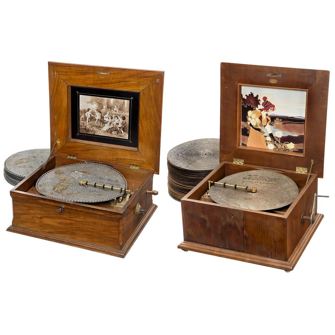 2 Disc Musical Boxes, c. 1900: 2 Disc Musical Boxes, c. 1900 1) Kalliope No. 61, Kalliope Musikwerke, Leipzig, for 13 3/8-inch discs, 61 teeth in comb (complete), case replaced, playing condition, mechanism sticks partially, with 7