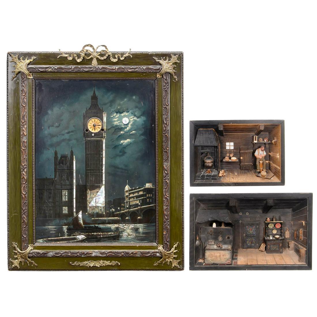 Big Ben Picture Clock, c. 1900: Big Ben Picture Clock, c. 1900 No. 3341, chromolithograph on card showing moonlit view of the River Thames by Westminster Bridge, Westminster Palace and the clock tower, heightened with mother-of-pear