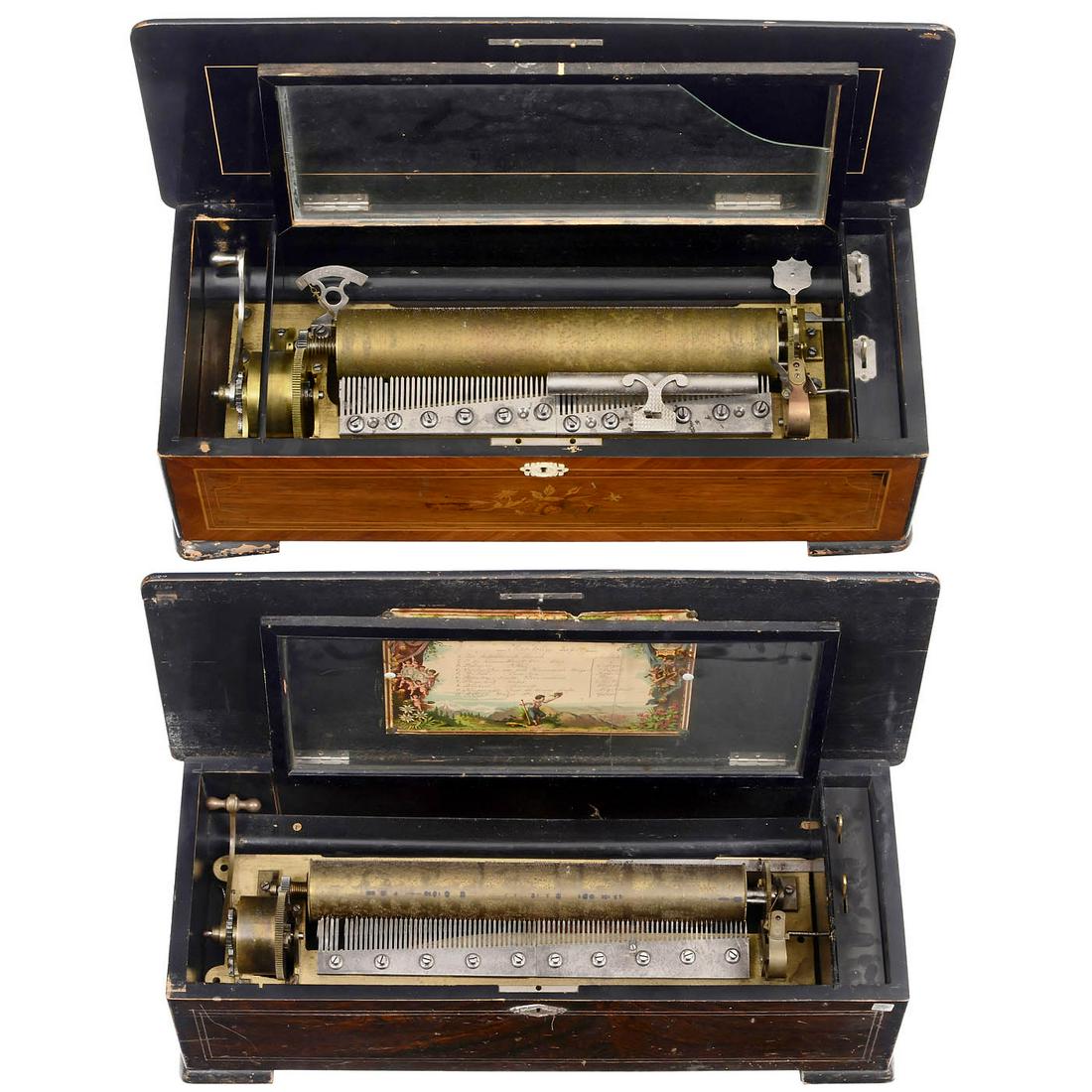 2 Musical Boxes for Restoration, c. 1885: 2 Musical Boxes for Restoration, c. 1885 1) Sublime Harmonie zither musical box by Mermod Frères, no. 20273, playing ten airs, with 80 teeth in two combs (missing a tooth and a tip), parachute sa