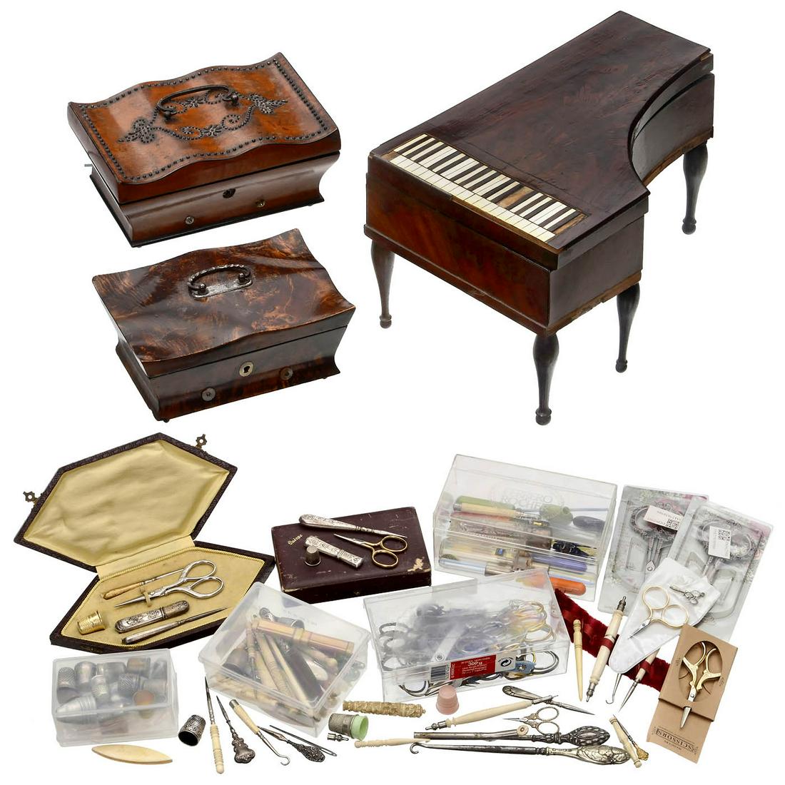 3 Partial Musical Sewing Necessaires for Restoration and Assorted Needlework Tools (1 of 4)