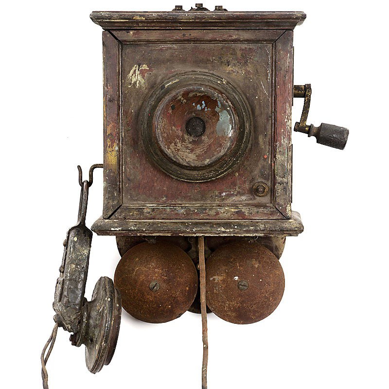 German Wall Telephone, c. 1902: German Wall Telephone, c. 1902 Manufactured probably by "Siemens & Halske, Berlin", walnut case, microphone by "Mix & Genest", with switch, double bell and earphone, crank bent, some loose parts insid