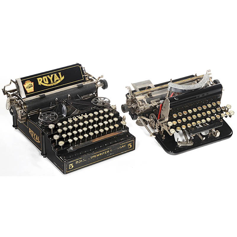 "Typo" and "Royal 5": "Typo" and "Royal 5" 1) Typo Mod. D, 1914. Rare French version with straight keyboard of the British "Imperial Visible Mod. D". Double shift. Segment problems. (2/2) - And: 2) "Royal No. 5", 1908. (3/