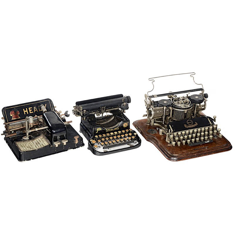 3 Typewriters: 3 Typewriters 1) "Fox Sterling No. 3", 1920. (3/5) - 2) "Hammond Multiplex", 1913, with wooden cover, no typesleeve. (3/3) - And: 3) "Heady", 1918. French version of famous "Mignon Mod. 4". (5/5) 3 Sc