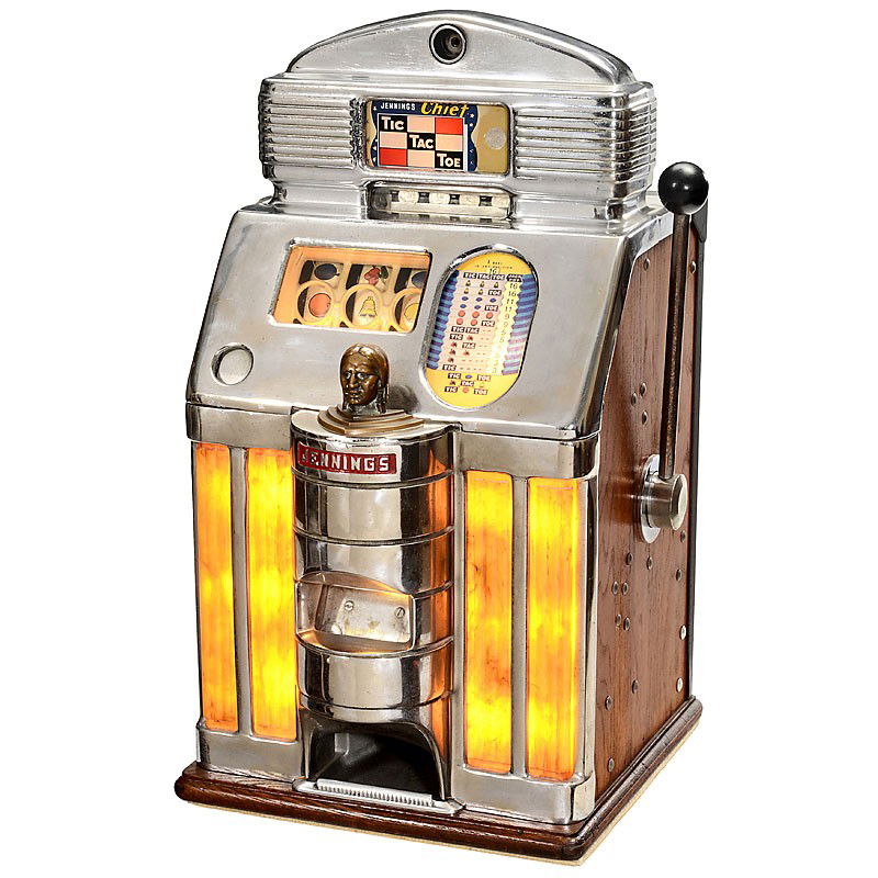 American Slot Machine "Jennings Tic-Tac-Toe", c. 1: American Slot Machine "Jennings Tic-Tac-Toe", c. 1960 Manufactured by: "Jennings & Company, Chicago, USA"; coin slot for 50 Euro cent, with jackpot, mechanically operated with electric light (230V), p