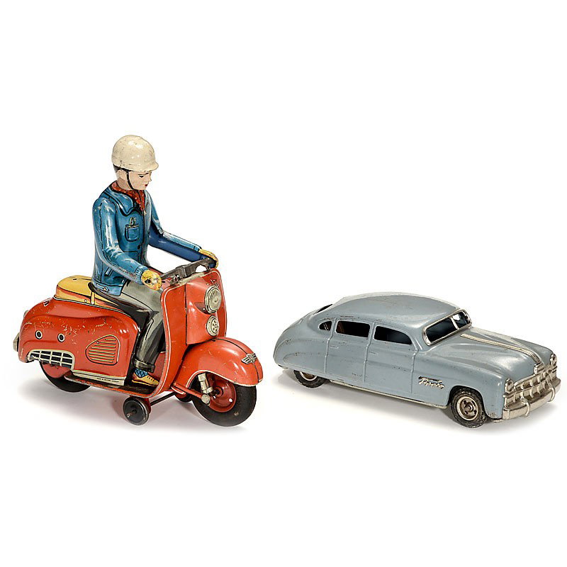 2 Vehicles "TippCo": 2 Vehicles "TippCo" 1) Red Zündapp motorcycle "Bella", c. 1957. Length 8 3/4 in., friction-driven. - And: 2) Limousine "Hudson", c. 1952. Length: 8 1/4 in., friction-driven. 2 Fahrzeuge "TippCo" 1) R