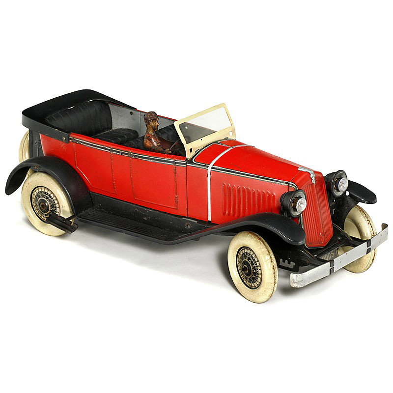 French 4-Seater Touring Car by "Rossignol", c. 192: French 4-Seater Touring Car by "Rossignol", c. 1925 Manufactured by: "Charles Rossignol, Paris", clockwork mechanism (working), electric head lamps, painted tin (partly repainted), wheels and driver f