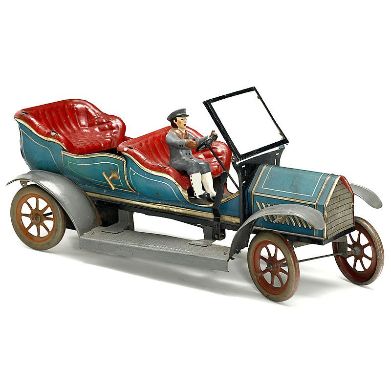 Open 4-Seat Touring Car "Hans Eberl", Nuremberg, c: Open 4-Seat Touring Car "Hans Eberl", Nuremberg, c. 1925 Lithographed tin toy car, clockwork (working), opening doors, brake, later driver figure, length: 14 1/5 in. - Very rare! Offener Tourenwagen "