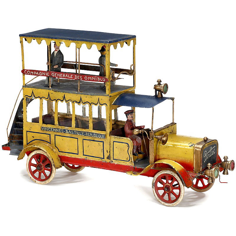 Exceptional "Berliet Parisian" Double-Decker Bus b: Exceptional "Berliet Parisian" Double-Decker Bus by Pinard, Paris, c. 1905 Large French public bus, handpainted tin, lower floor with glass windows! 3 front lamps, horn, spoke wheels with rubber tyres