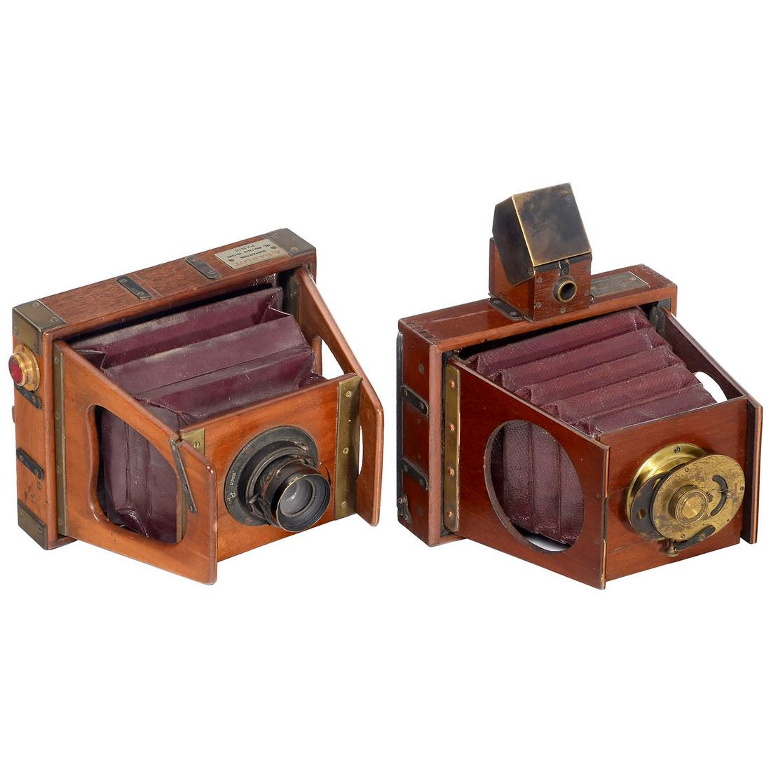 2 "Chambres à Jouer" or "Eclipse" Cameras, c. 1890: 2 "Chambres à Jouer" or "Eclipse" Cameras, c. 1890 1) A. Darlot, Constructeur, 125 Boulevard Voltaire, Paris. For 9 x 12 cm, mahogany gate-strut folding camera, dark-red bellows, front standard l